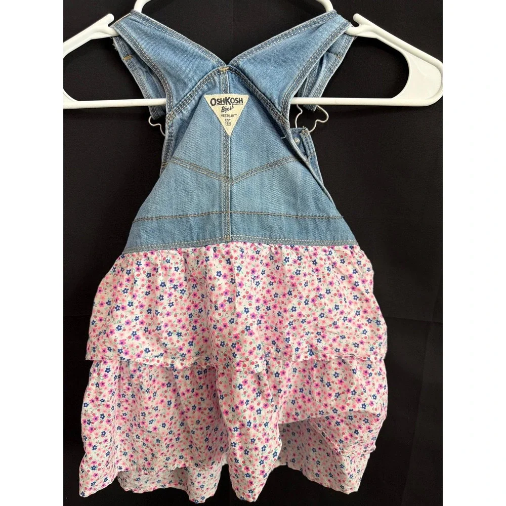 OshKosh B'gosh Overall Dress 4T Blue Pink Floral Ruffle Denim Skirtall OSH11771